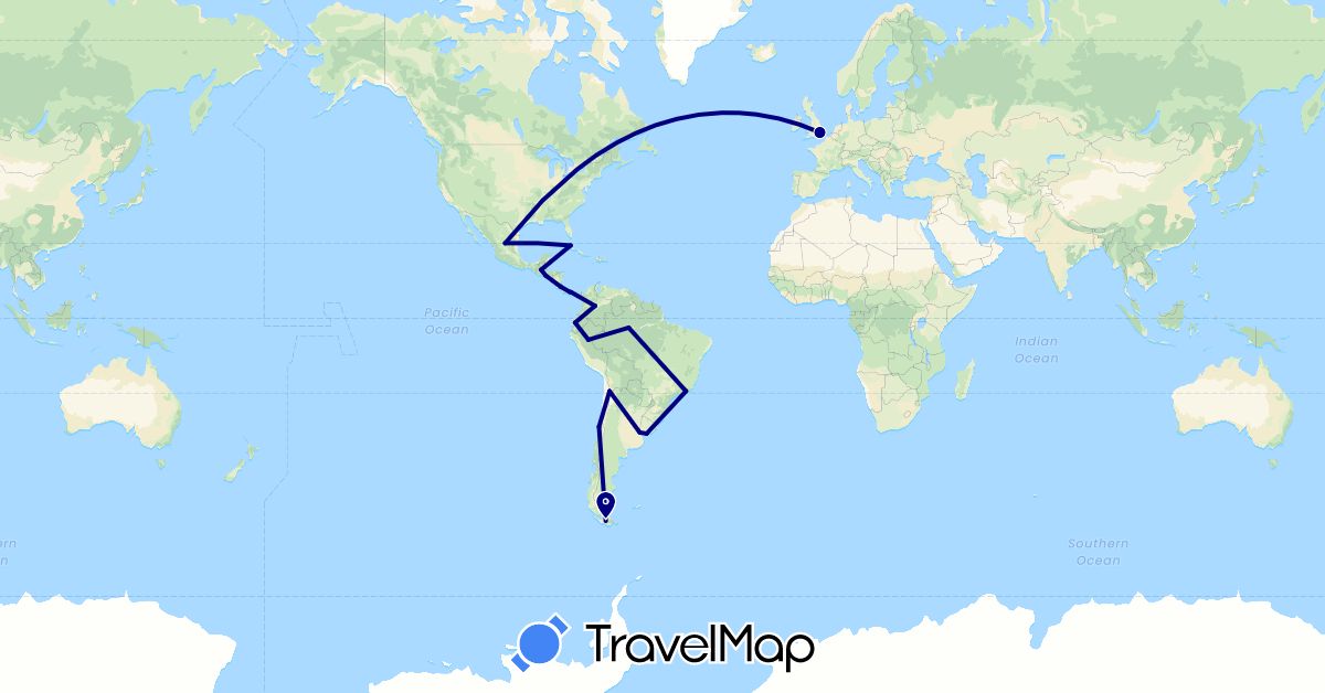 TravelMap itinerary: driving in Argentina, Brazil, Chile, Colombia, Costa Rica, Cuba, Ecuador, United Kingdom, Guatemala, Panama, Peru, El Salvador, Uruguay (Europe, North America, South America)